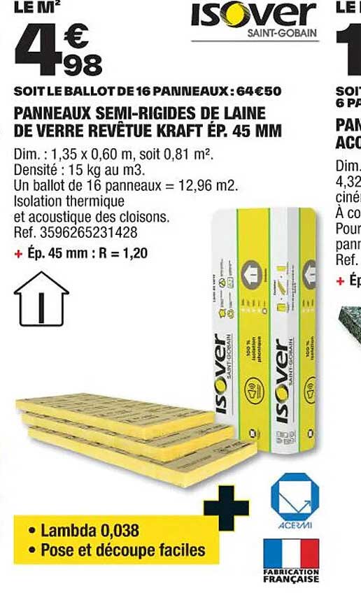 panneaux semi-rigides de laine de verre revêtue kraft ép. 45 mm isover