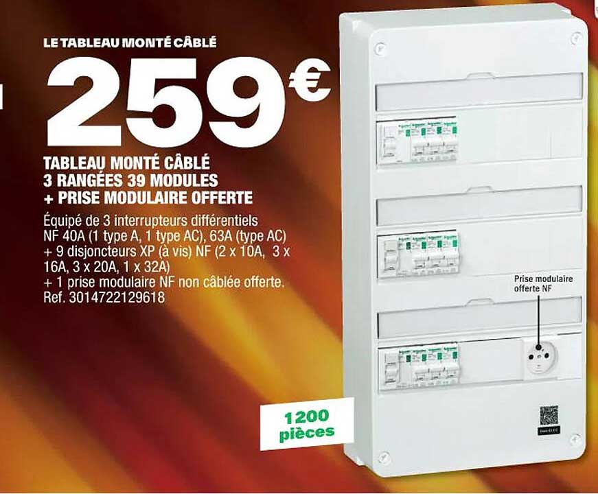 tableau monté câblé 3 rangées 39 modules + prise modulaire offerte