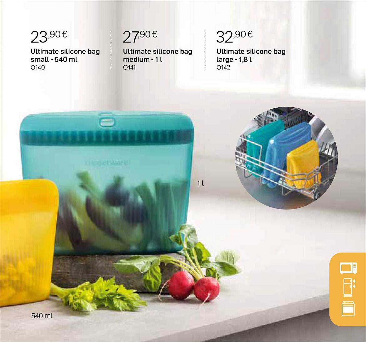 ultimate silicone bag small - 540ml, ultimate silicone bag medium - 1l, ultimate silicone bag large - 1,8l