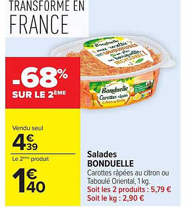 Bonduelle Carottes râpées au citron ou Taboulé Oriental, 1 kg