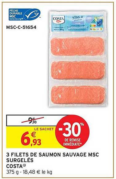 COSTA 3 filets de saumon sauvage MSC surgelés