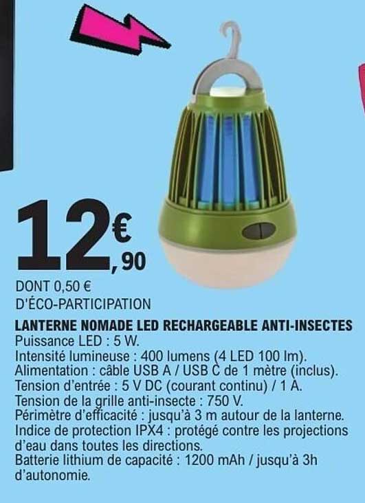 LANTERNE NOMADE LED RECHARGEABLE ANTI-INSECTES