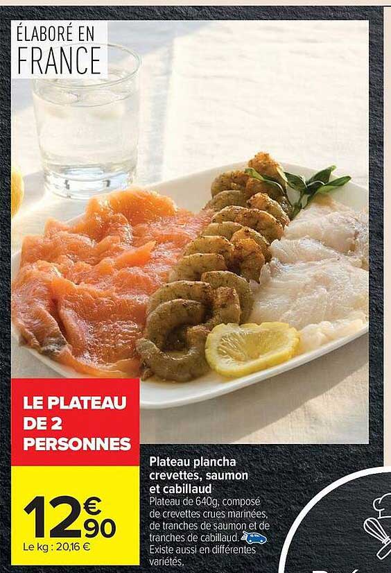 Plateau plancha crevettes, saumon et cabillaud