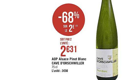 aop alsace pino blanc cave d'orschwiller -68% sur le 2e
