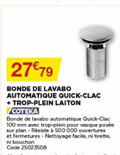 bonde de lavabo automatique quick clac + trop plein laiton coteka