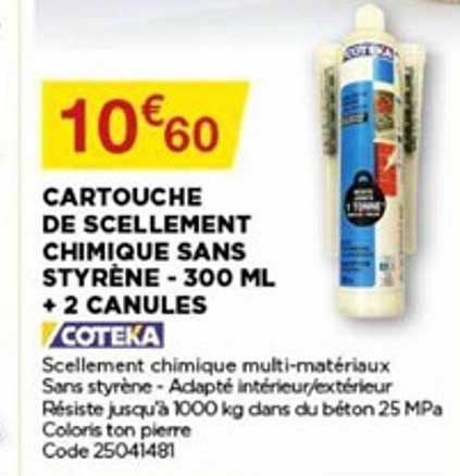cartouche de scellement chimique sans styrène 300 ml + 2  canules coteka