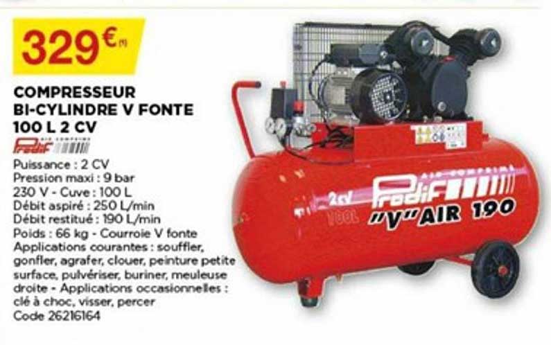 compresseur bi cylindre v fonte 100 l 2 cv prodif
