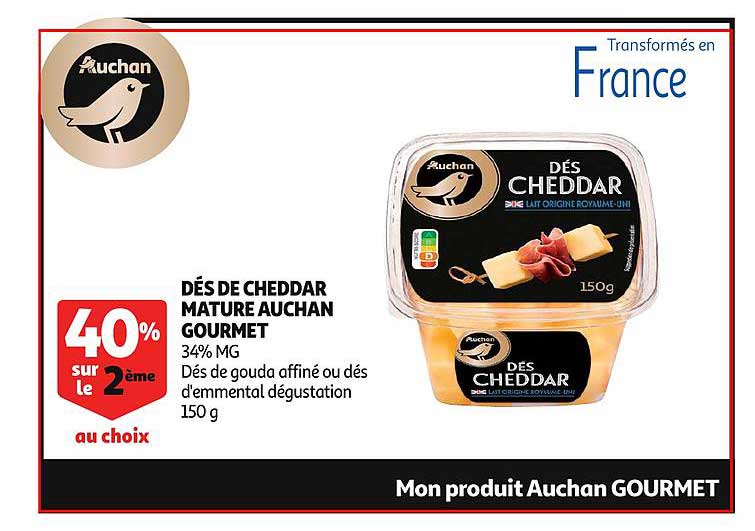dés de cheddar mature auchan gourmet 40% sur le 2ème au choix