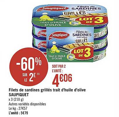 filets de sardines grillés trait d'huile d'olive saupiquet -60% sur le 2e