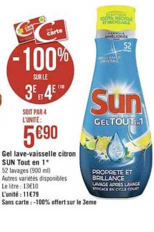 gel lave vaisselle citron sun tout en 1 -100% sur le 3e et 4e