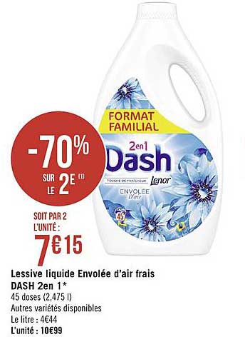 lessive liquide envolée d'air frais dash 2en 1 -70% sur le 2e