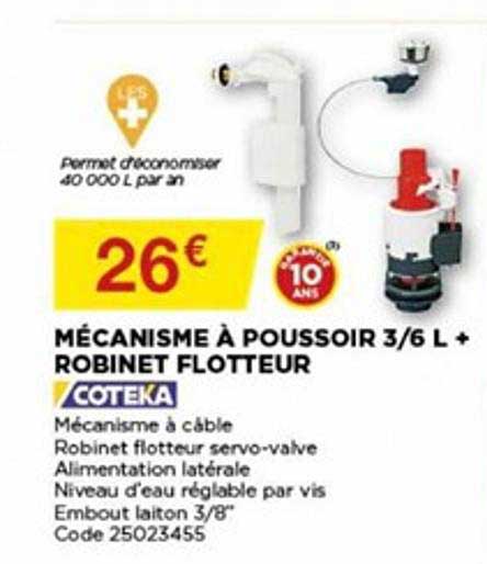mécanisme à poussoir 3 6 l + robinet flotteur coteka
