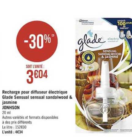 recharge pour diffuseur électrique glade sensual sandalwood & jasmine jonhson