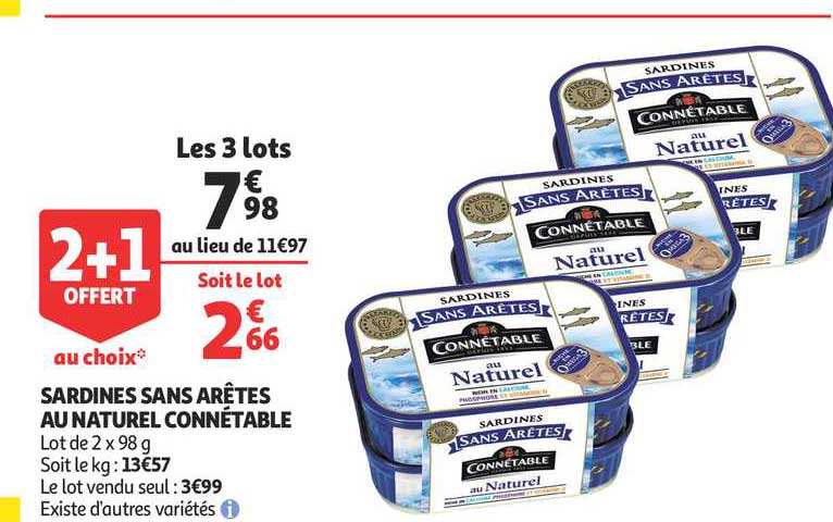 sardines sans arêtes au naturel connétable 2+1 offert au choix