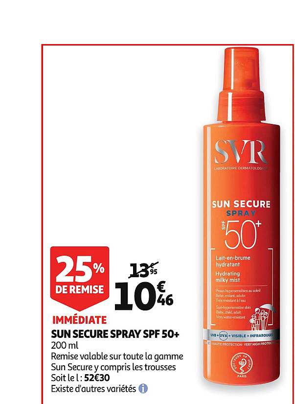 sun secure spray spf 50+ 25% de remise immédiate