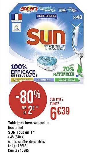 tablettes lave vaisselle ecolabel sun tout en 1 -80% sur le 2e