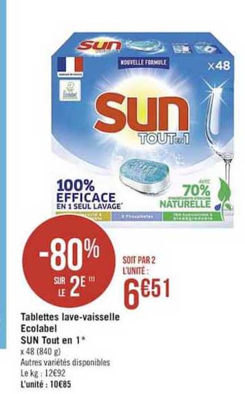 tablettes lave vaisselle ecolabel sun tout en 1 -80% sur le 2e