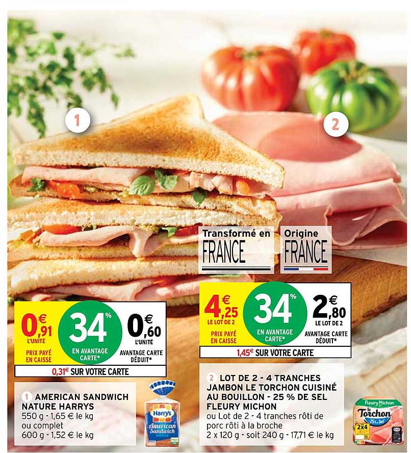 american sandwich nature harrys, lot de 2 - 4 tranches jambon le torchon cuisiné au bouillon -25% de sel fleury michon