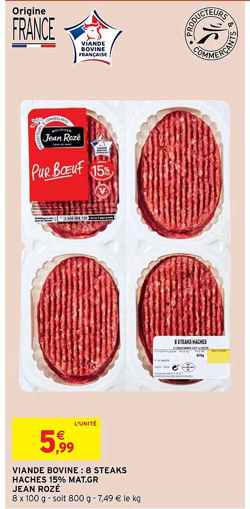 viande bovine : 8 steaks hachés 15% mat.gr. jean rozé