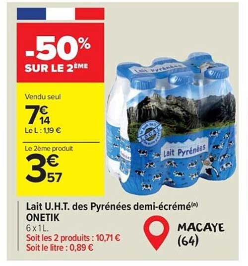 lait u.h.t. des pyrénées demi-écrémé onetik