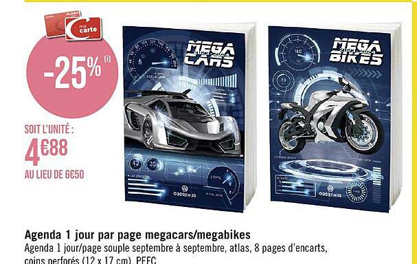 agenda 1 jour par page megacars ou megabikes