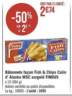 bâtonnets façon fish & chips colin d'alaska msc surgelé findus