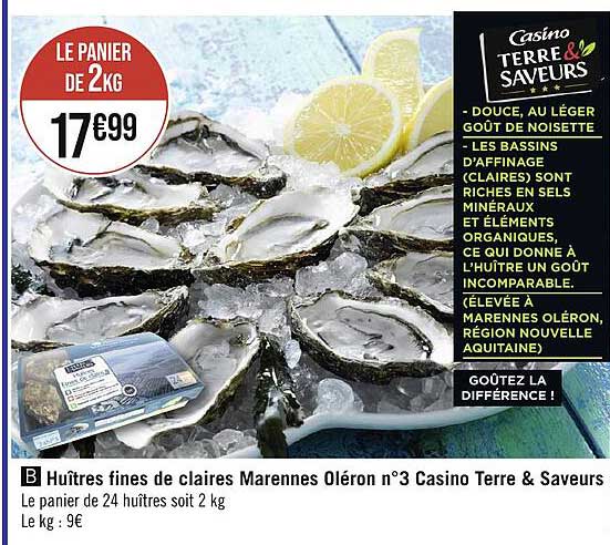 huîtres fines de claires marennes oléron n°3 casino terre & saveurs