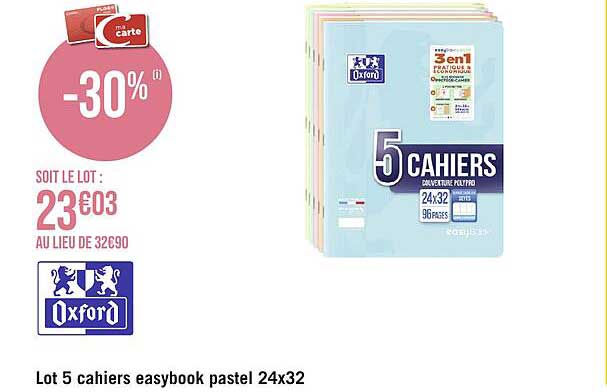 oxford lot 5 cahiers easybook pastel 24x32