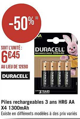 piles rechargeables 3 ans hr6 aa X4 1300mah duracell