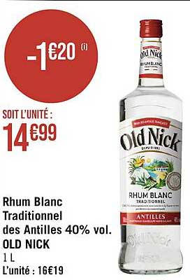 rhum blanc traditionnel des antilles 40% vol. old nick