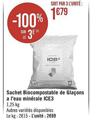 sachet bio compostable de glaçons à l'eau minérale ice3