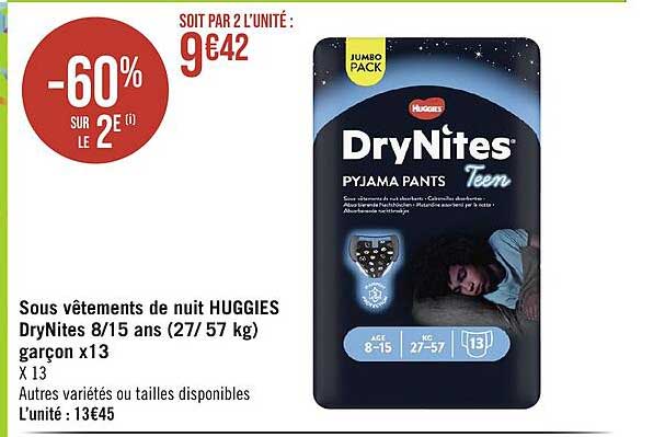 sous vêtements de nuit huggies drynites 8-15 ans