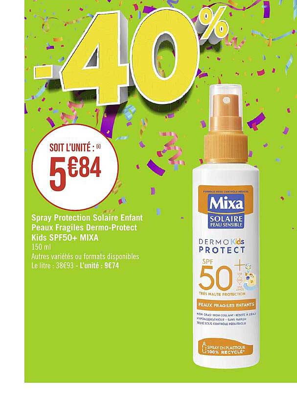 spray protection solaire enfant peaux fragiles dermo-protect kids spf50+ mixa