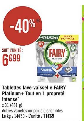 tablettes lave-vaisselle fairy platinum+ tout en 1 propreté intense