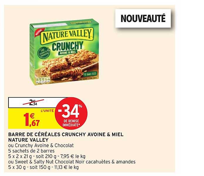 barre de céréales crunchy avoine & miel nature valley -34% de remise immédiate