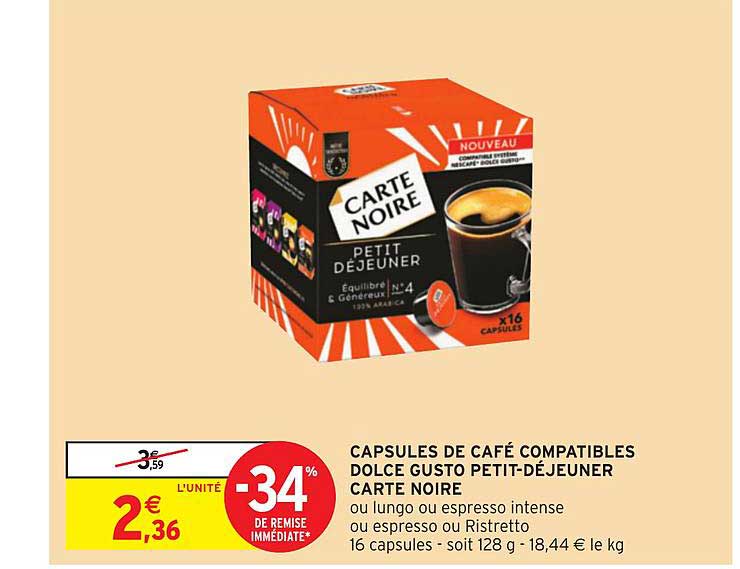 capsules de café compatibles dolce gusto petit déjeuner carte noire -34% de remise immédiate