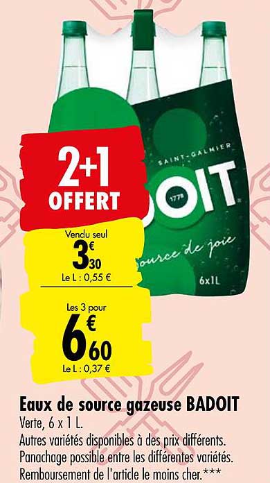 eaux de source gazeuse badoit 2+1 offert