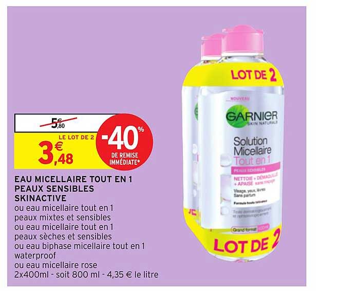 garnier eau solution micellaire tout en 1 peaux sensibles skinactive -40% de remise immédiate