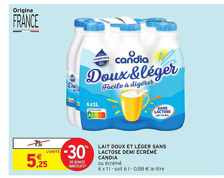 lait doux et léger sans lactose demi écrémé candia -30% de remise immédiate
