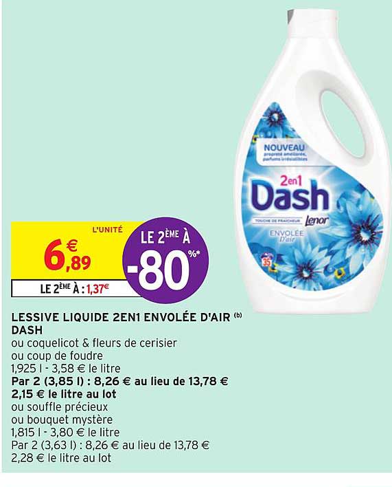 lessive liquide 2en1 dash lenor envolée d'air le 2ème à -80%