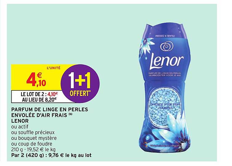 parfum de linge en perles lenor envolée d'air frais 1+1 offert
