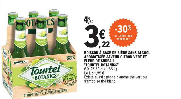 boisson à base de bière sans alcool aromatisée saveur citron vert et fleur de sureau "tourtel botanics"