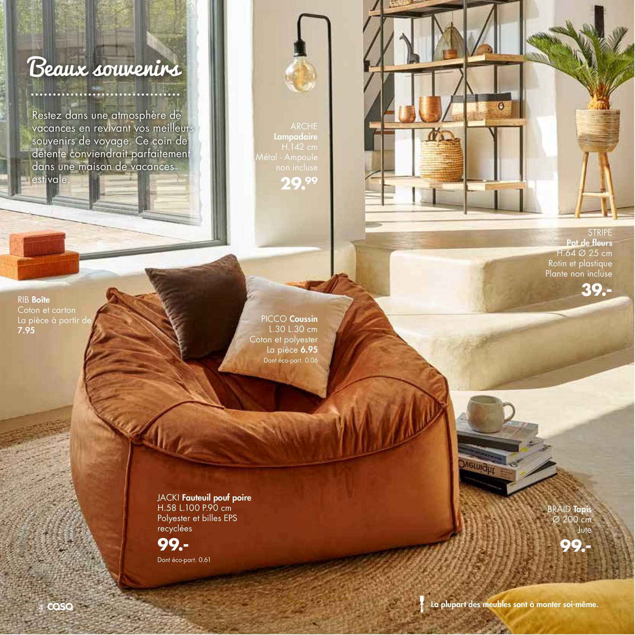 boîte rib, coussin picco, fauteuil pouf poire jack, pot de fleurs stripe, tapis braid