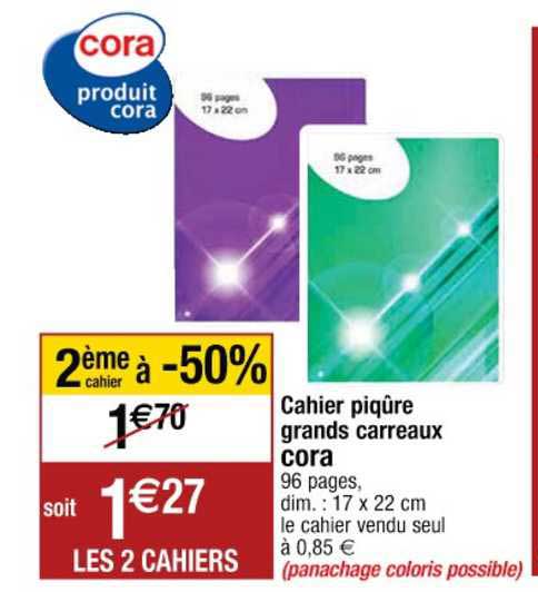 cahier piqûre grands carreaux cora