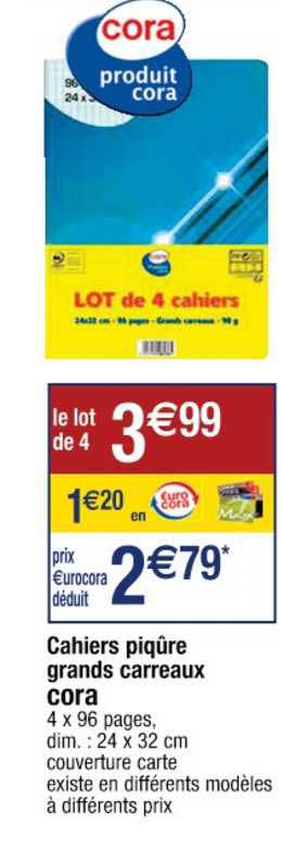 cahiers piqûre grands carreaux cora