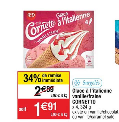 glace à l'italienne vanille - fraise cornetto