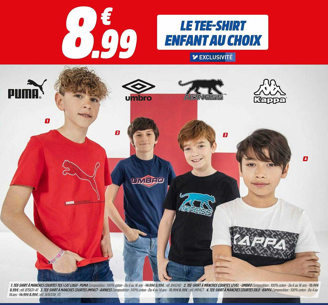 le tee-shirt enfant puma, umbro, airness, kappa