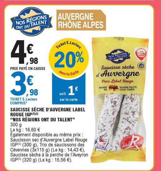 saucisse sèche d'auvergne label rouge igp "nos régions ont du talent"
