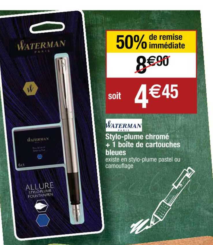 stylo-plume chromé + 1 boîte de cartouches bleues waterman