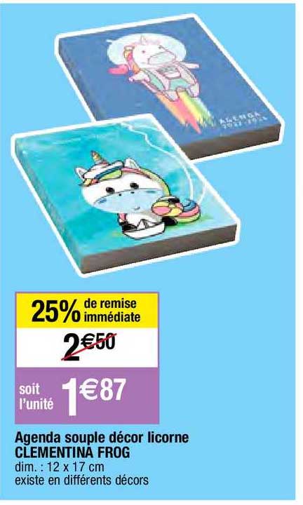 agenda souple décor licorne clementina frog